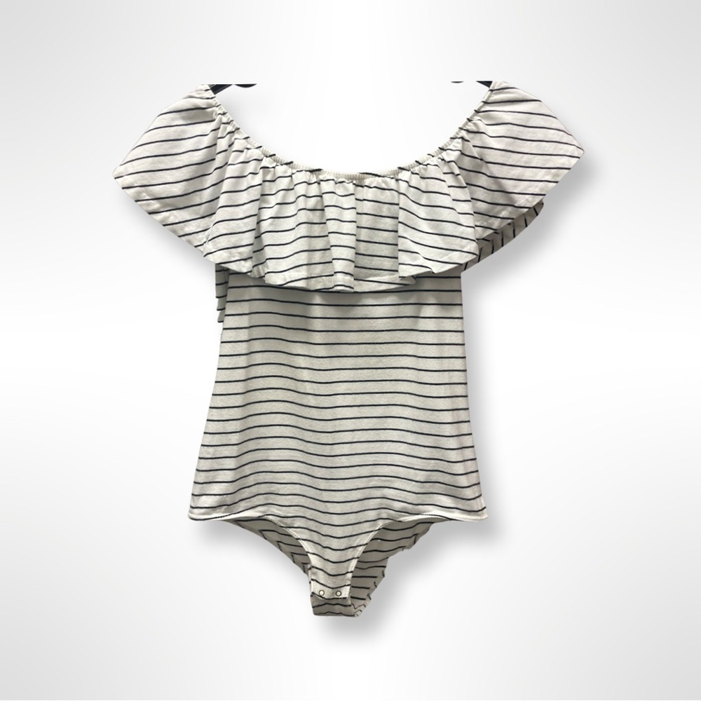 J. Crew Striped Ruffle Off The Shoulder Body Suit